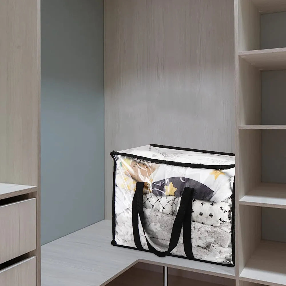 Clear bedding-storage bag placed on a wardrobe shelf.