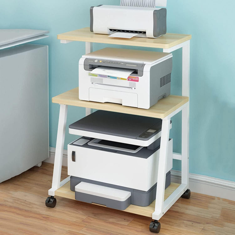 Three-tier rolling printer cart with light wood-tone shelves and a white frame holding three printers.