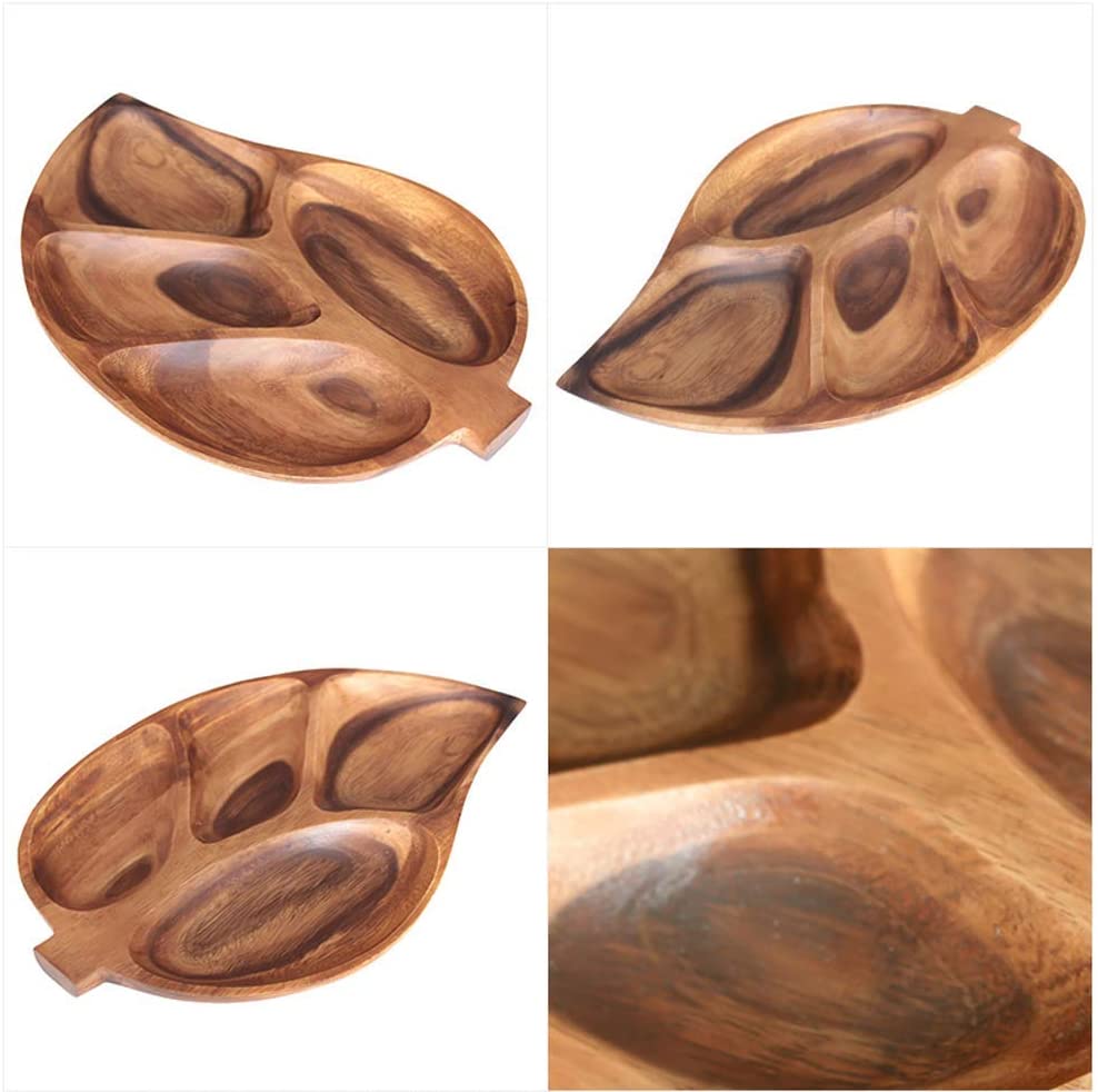 Collage of a brown leaf-shaped serving tray and close-up of its wood-grain pattern
