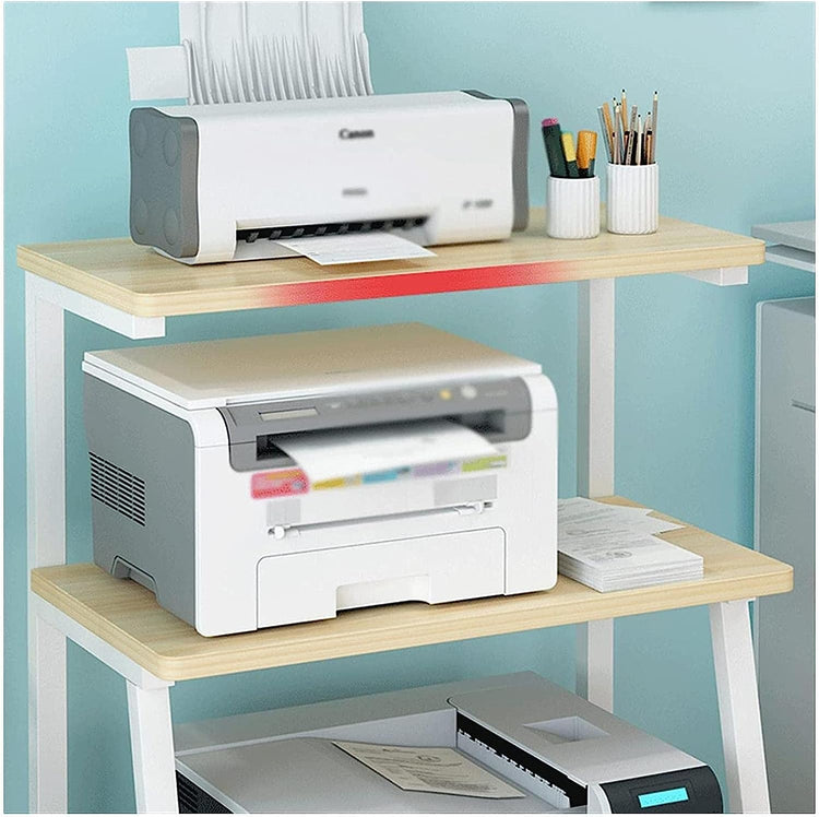 Close-up of the upper light wood-tone shelves of a white-frame cart holding printers.
