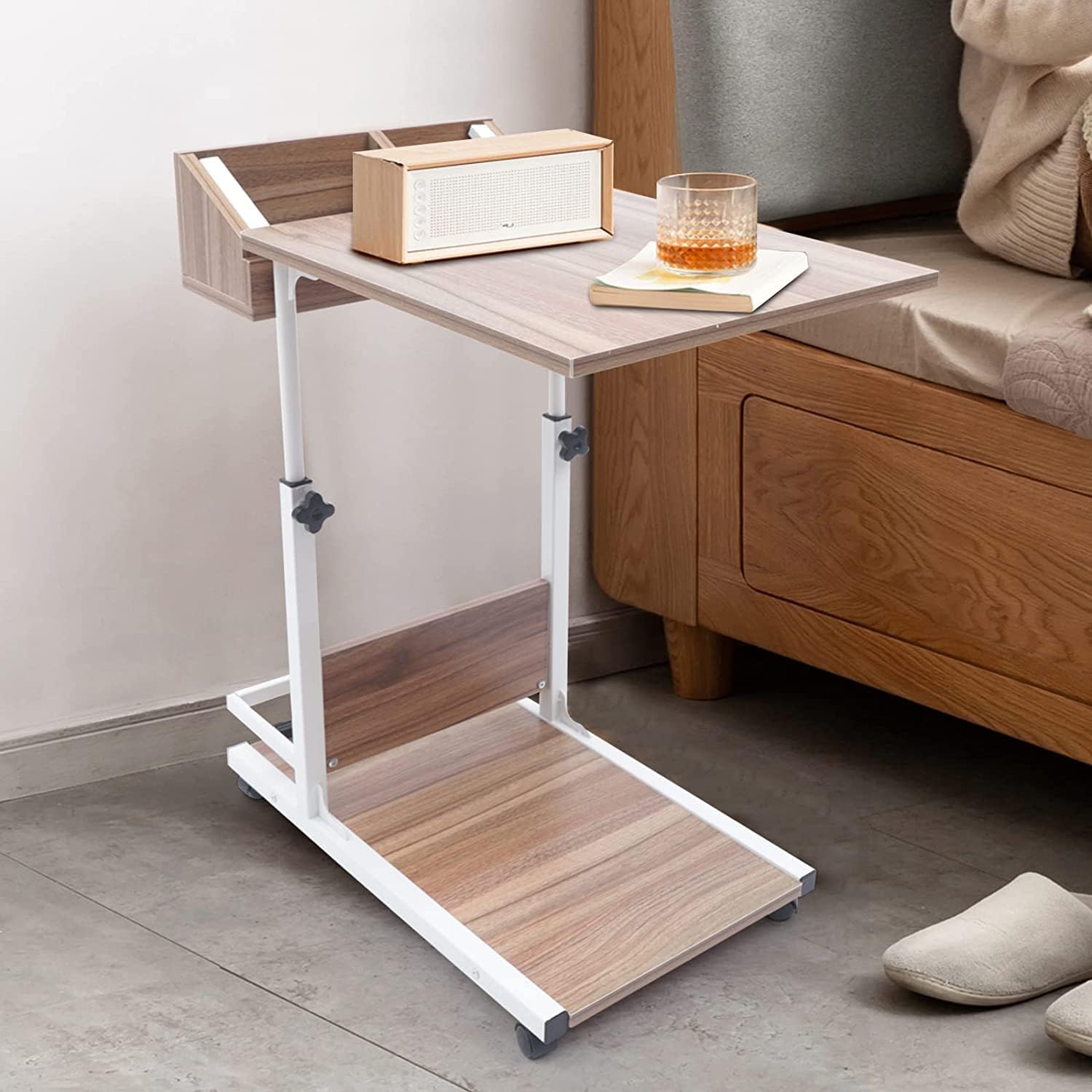 Movable Bed Side Computer Table With Wheels Storage Adjustable Table ...