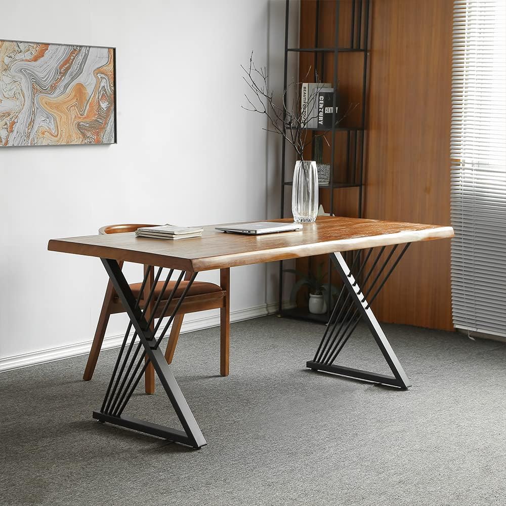 Brown-top desk with black crossed leg supports and narrow diagonal rods beside a wooden chair.