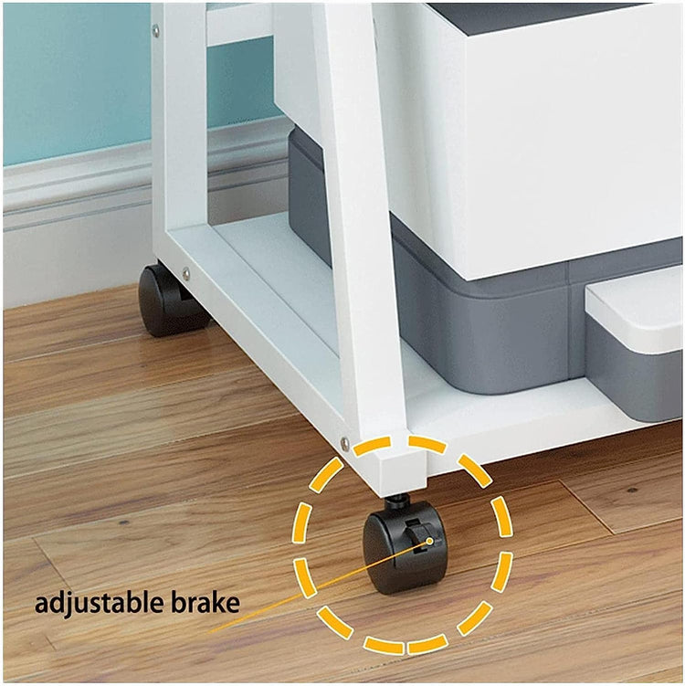 Close-up of a printer cart caster wheel with a printed brake callout.