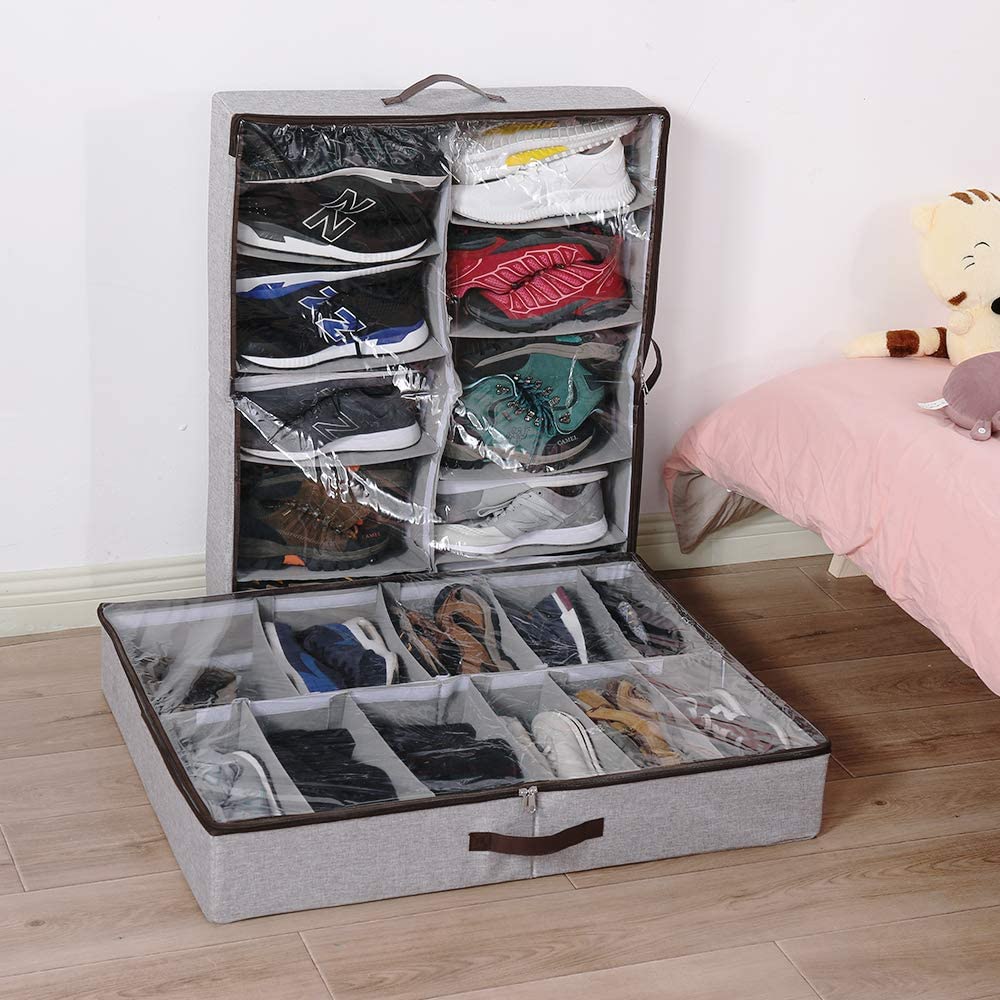 Two grey shoe organizers with clear covers, one upright and one flat, filled with shoes.