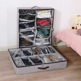 Two grey shoe organizers with clear covers, one upright and one flat, filled with shoes.