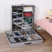 Two grey shoe organizers with clear covers, one upright and one flat, filled with shoes.