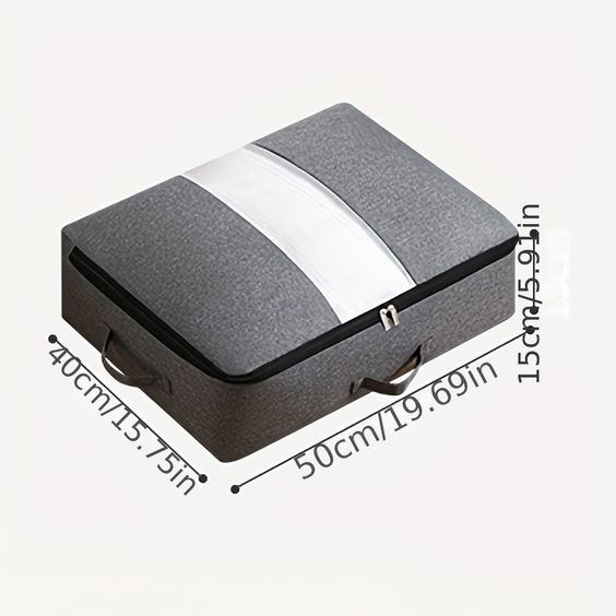 Grey zippered quilt-storage bag shown with dimension markings.
