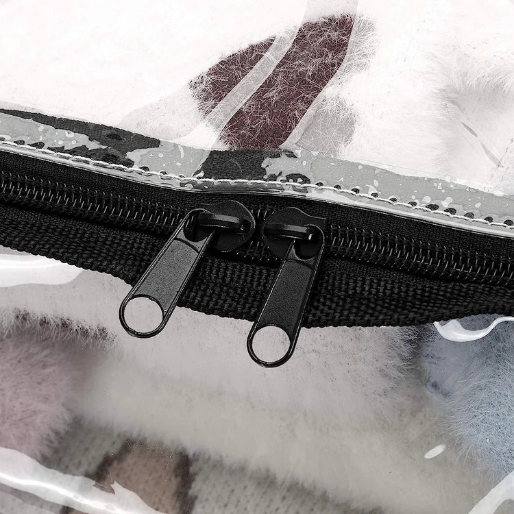 Close-up of the double zipper on a clear clothing-storage bag.