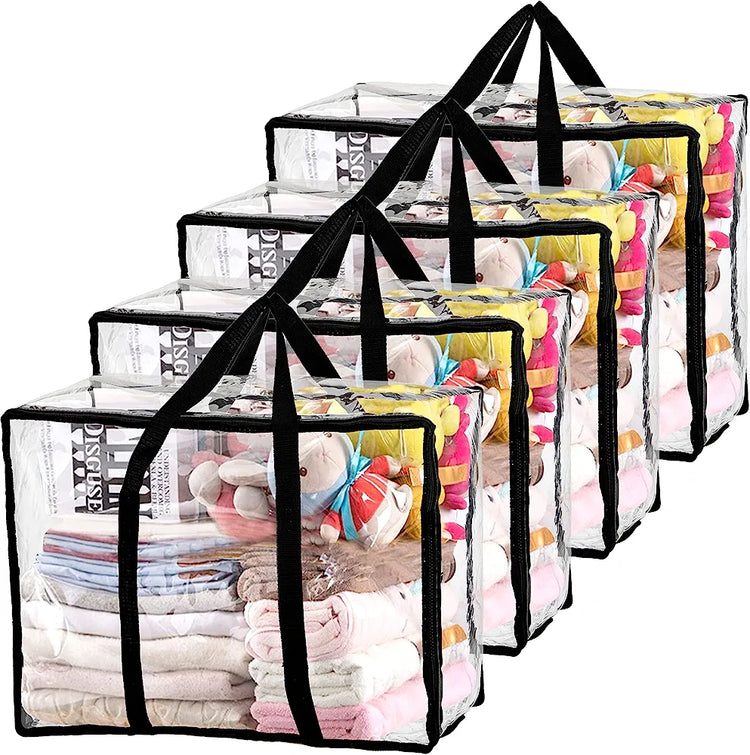 Row of clear clothing-storage bags with black trim, filled with bedding.