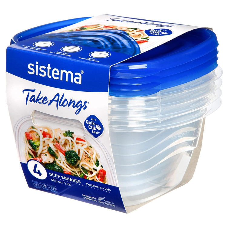 Packaged clear food-preparation bowls with blue lids.