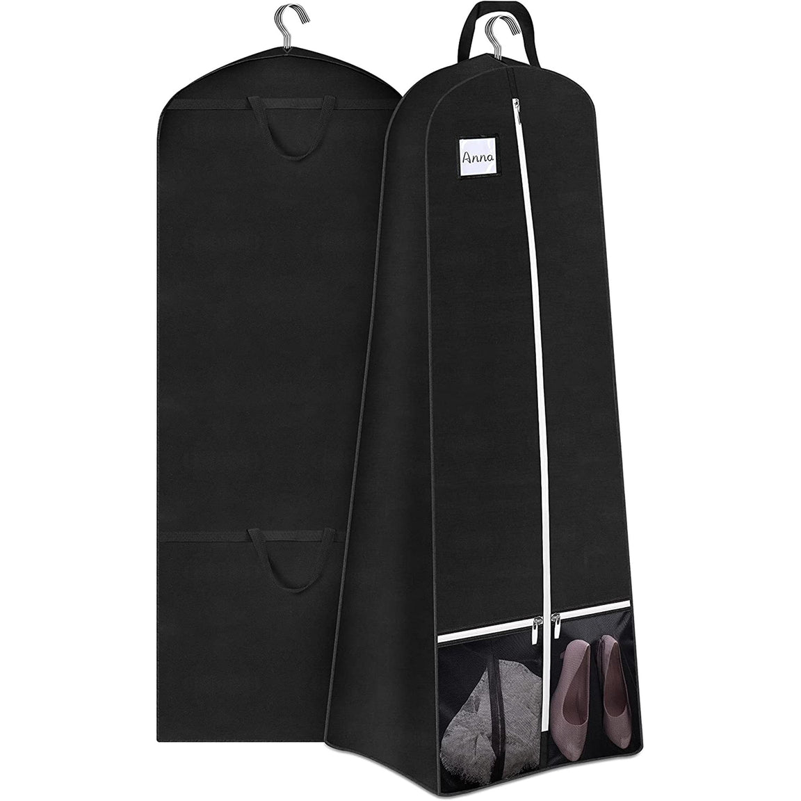 Long black zippered gown bag with a clear lower panel.