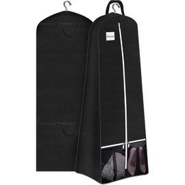 Long black zippered gown bag with a clear lower panel.