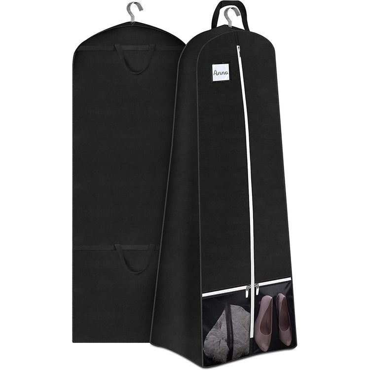 Long black zippered gown bag with a clear lower panel.