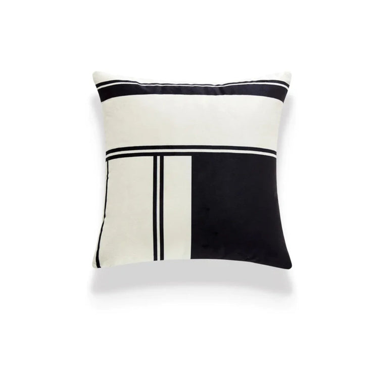 Cream cushion cover with a large black panel and fine intersecting black lines.