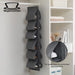 Grey hanging shoe organizer with a close-up of its fabric pocket.