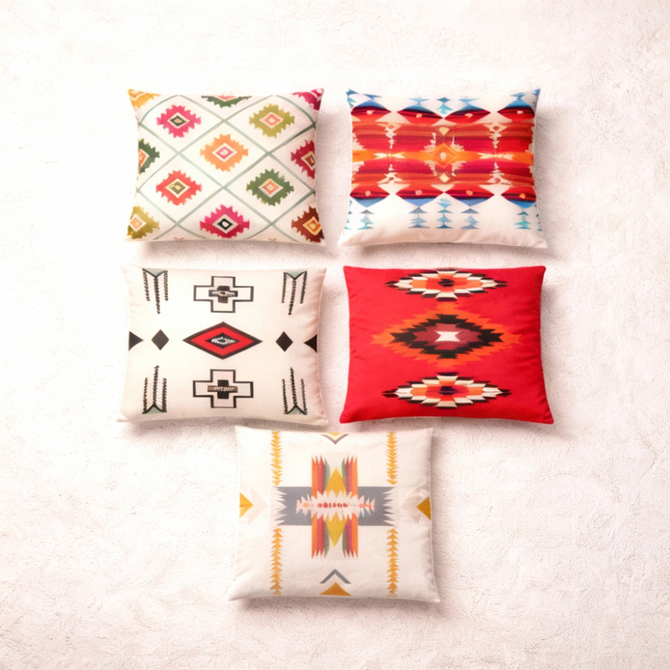 Five cream and red cushion covers with colourful geometric diamond motifs.