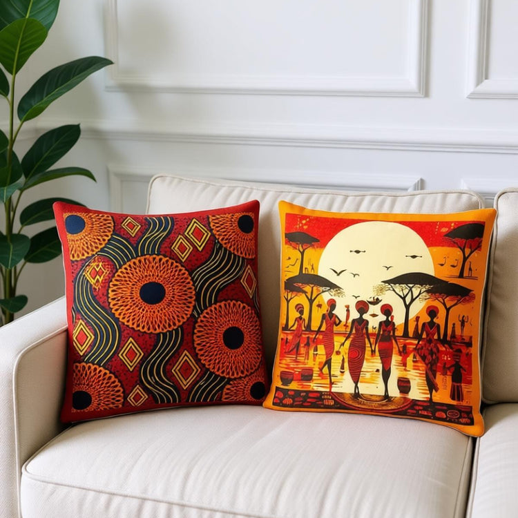 Two cushion covers with warm geometric and sunset village designs on a sofa.