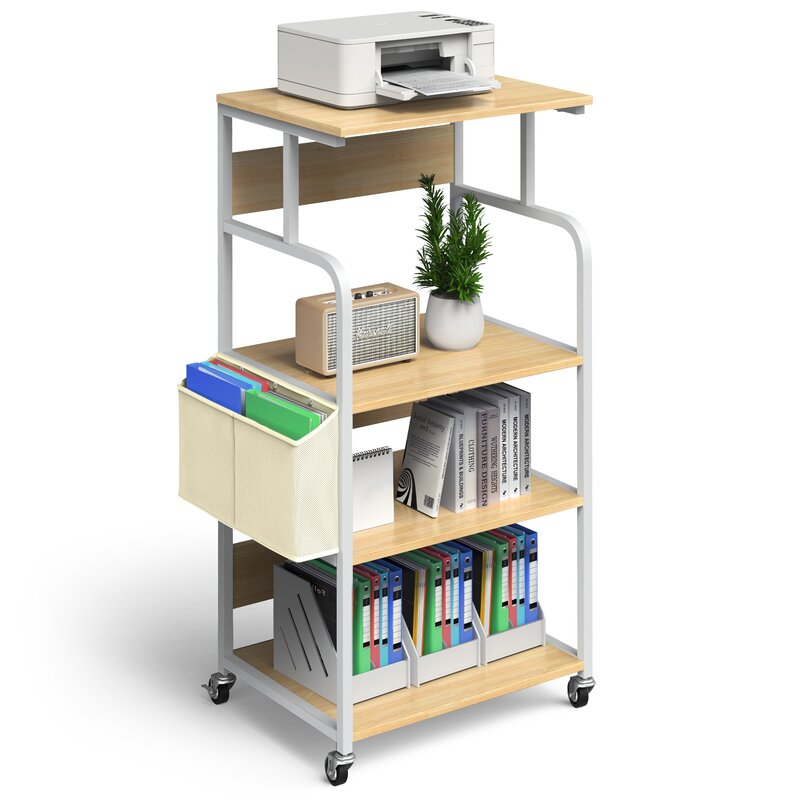 Light wood-tone rolling office rack with printer, books and hanging side pocket