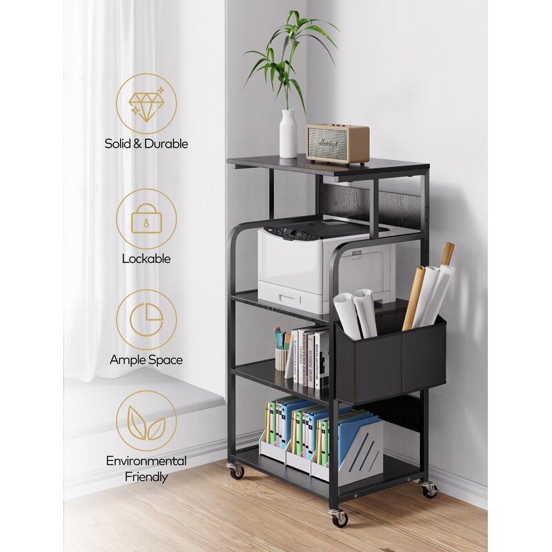 Black rolling rack graphic showing a printer, side pocket and feature icons