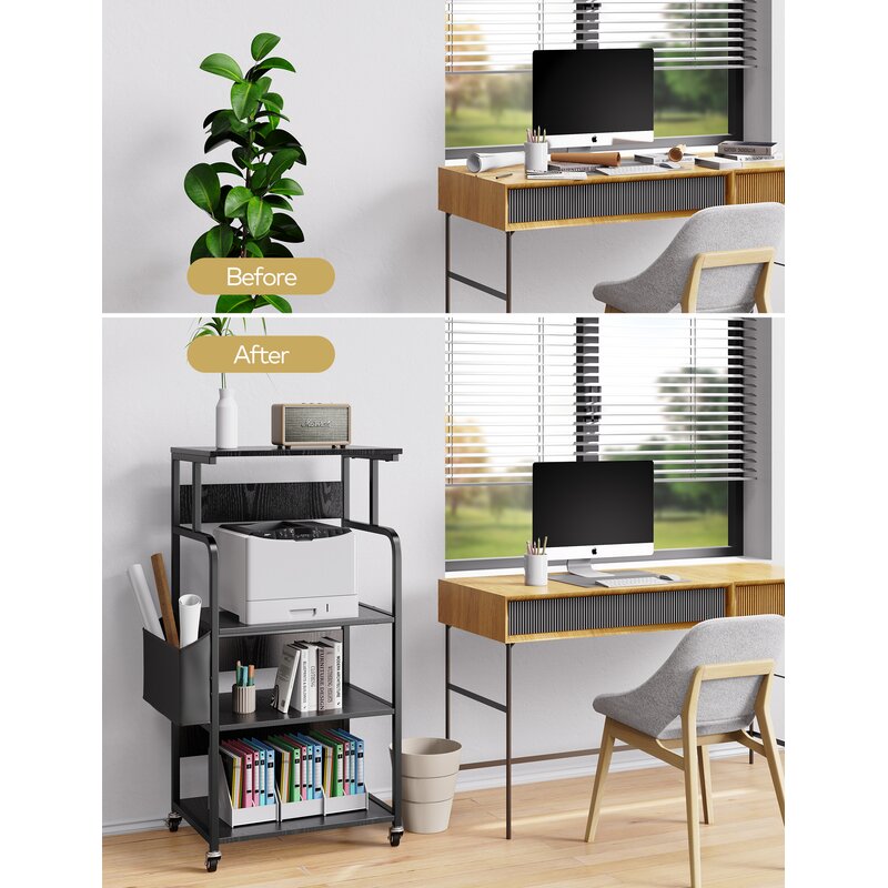 Before-and-after office scene showing a black rolling rack beside a desk