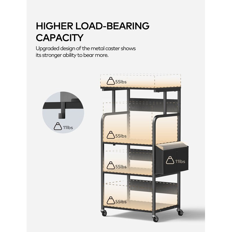 Graphic of a black shelving cart with shelf load callouts and wheel inset