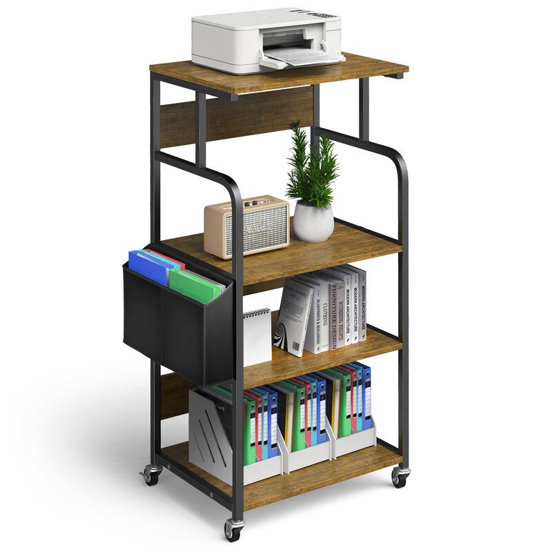 Brown rolling office rack with black frame, printer, books and hanging side pocket