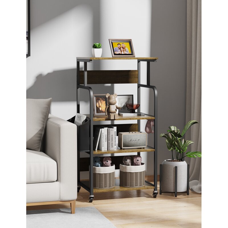 Brown shelving cart displaying books and decorative objects beside a sofa