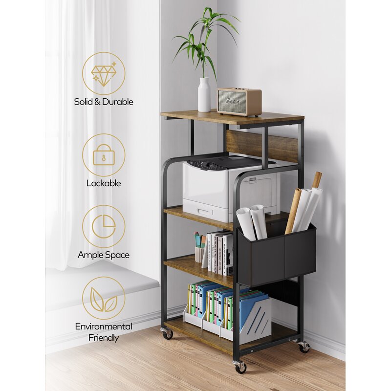Brown rolling rack graphic showing a printer, side pocket and feature icons