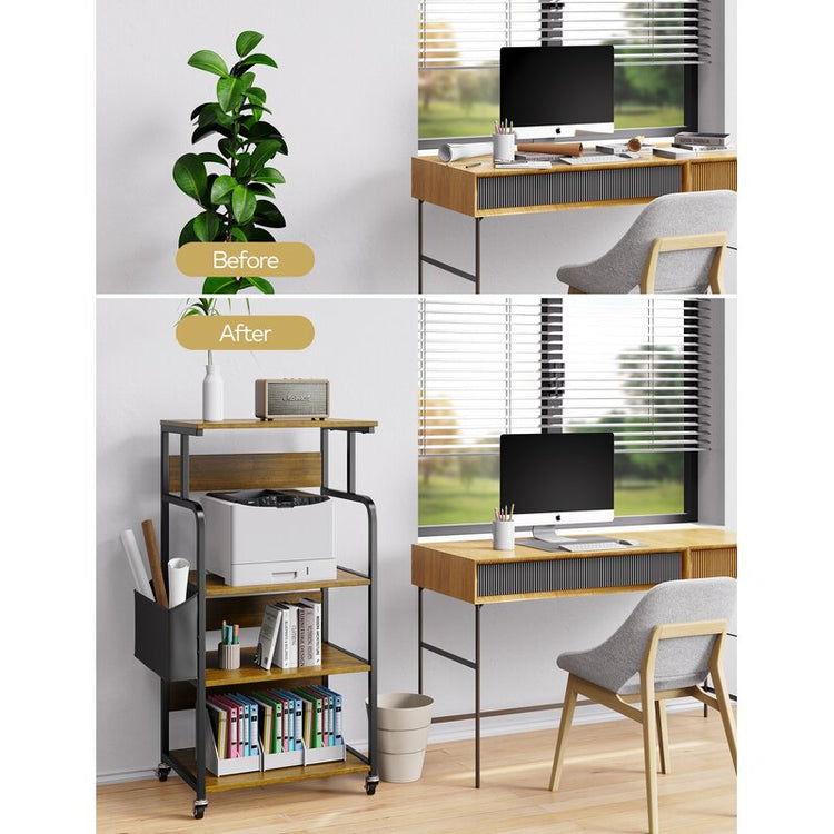 Before-and-after office scene showing a brown rolling rack beside a desk