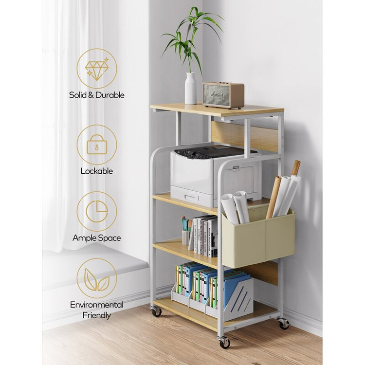 Light wood-tone rolling rack graphic highlighting side storage and wheels