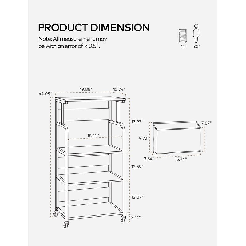 Dimension diagram of a tall rolling shelf and its hanging side pocket