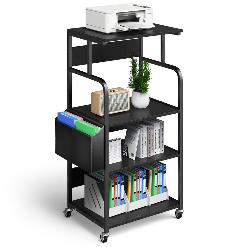 Black rolling office rack with printer, books and hanging side pocket