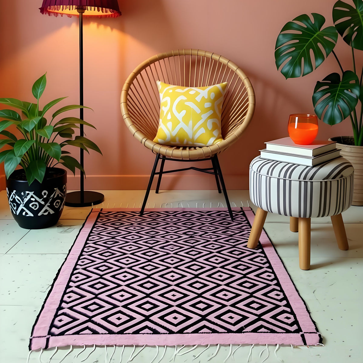 Rhombus Style - Black & Tea Pink (4ft x 6Ft)