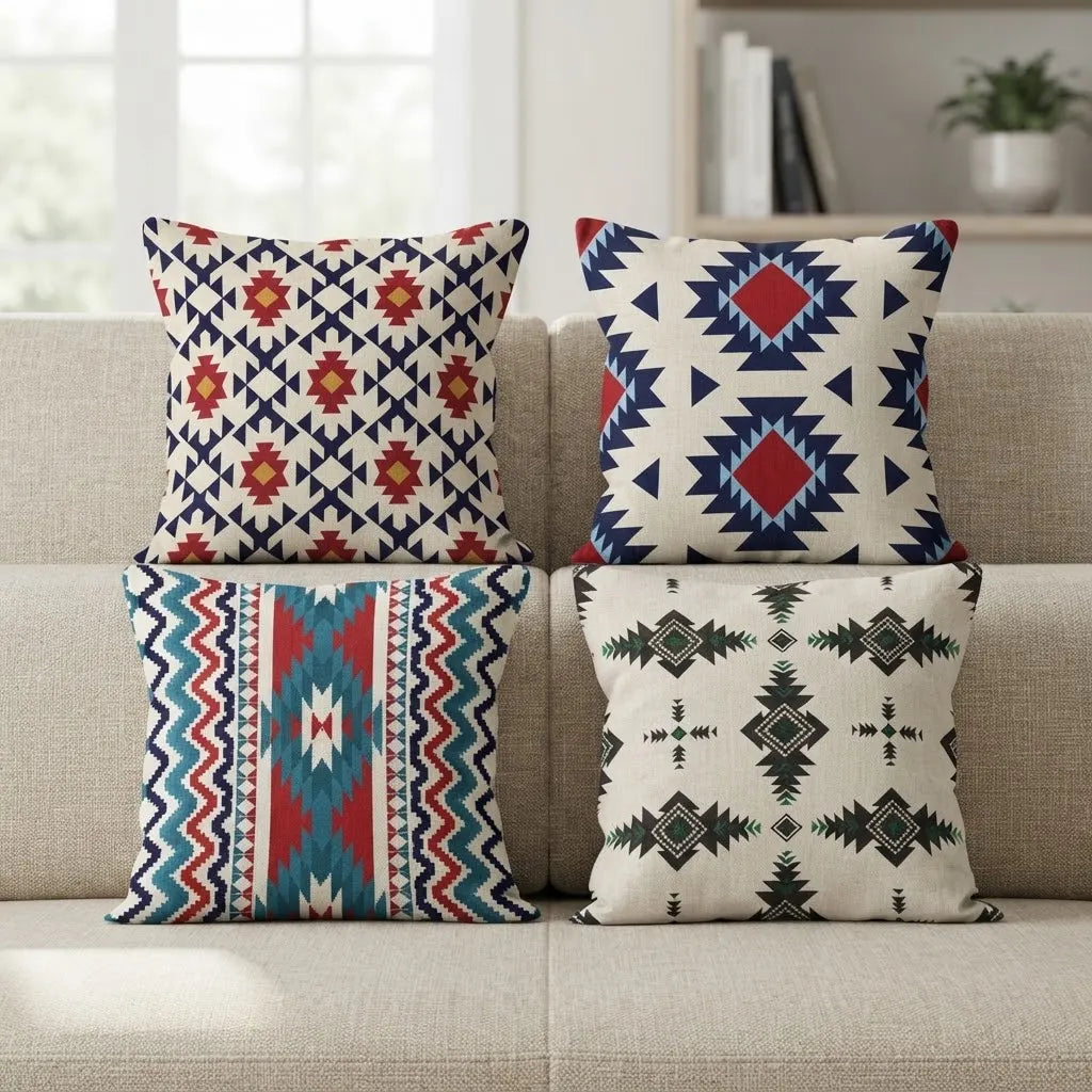 Four cushion covers with multicoloured geometric diamond and zigzag patterns arranged on a beige sofa.
