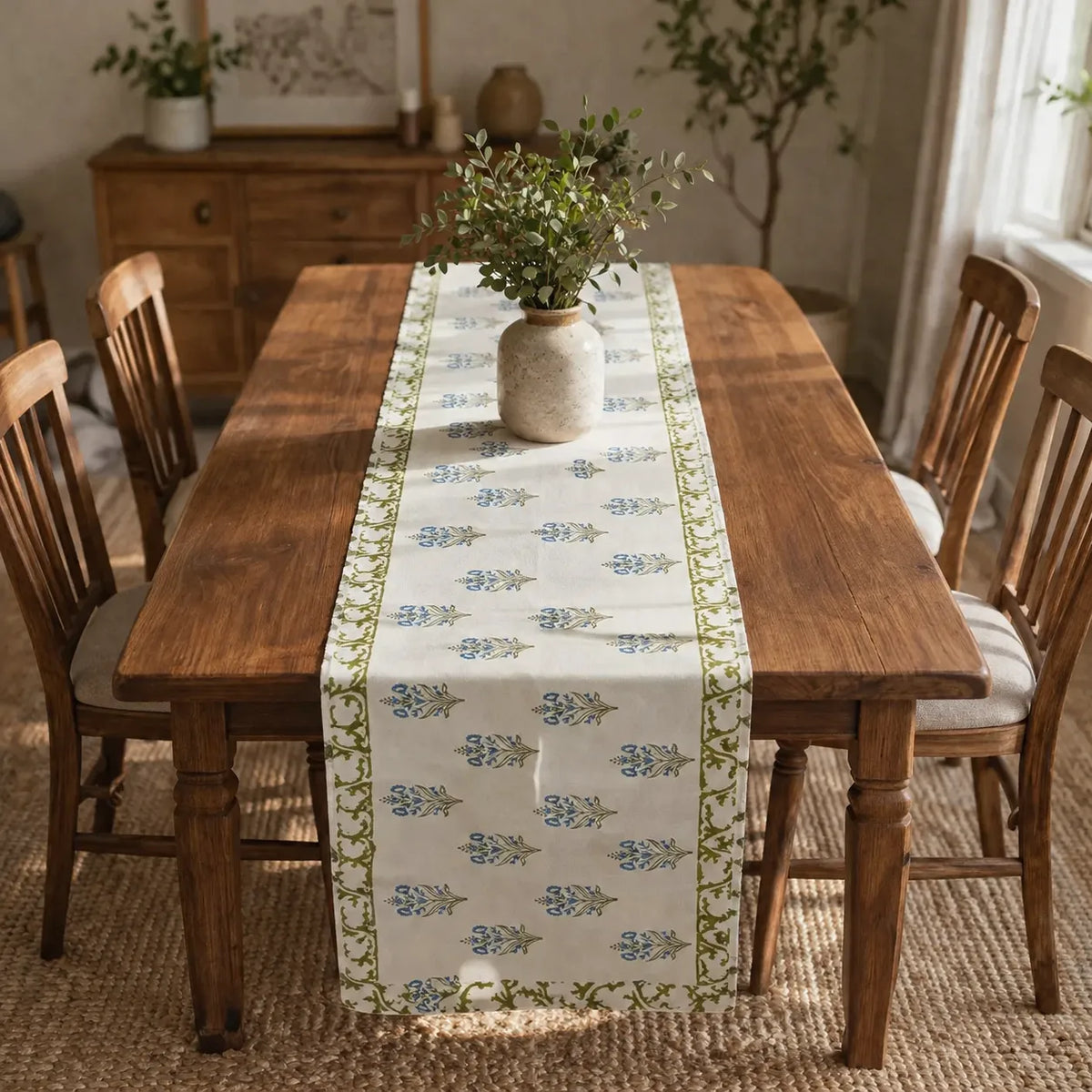 A rectangular wooden dining table in a warm, rustic room setting, styled with a cream table runner featuring a blue and green floral pattern and a matching border. A rustic ceramic vase with green foliage sits in the center of the table, surrounded by wooden chairs.