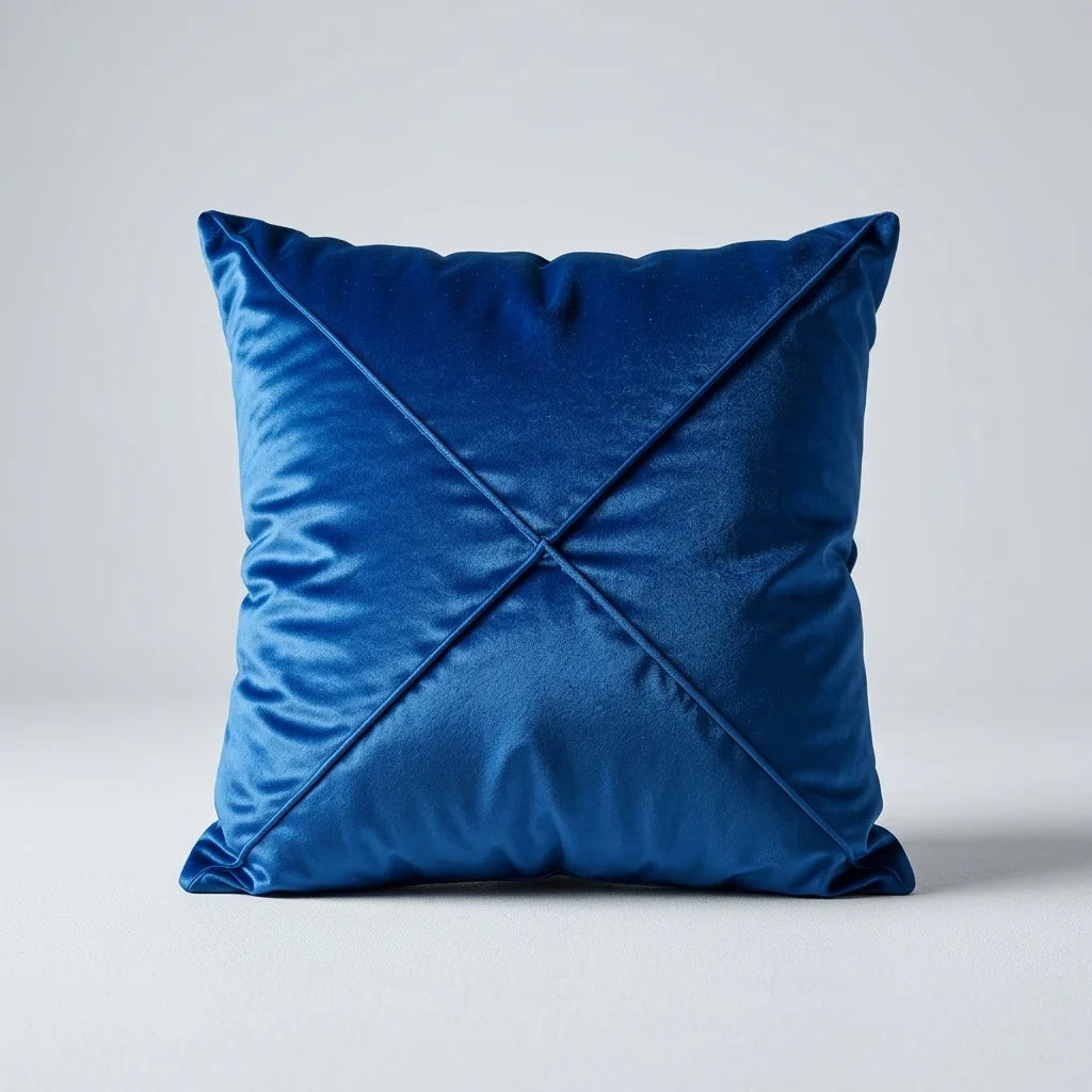 A square royal blue velvet throw pillow with a central crisscross design, photographed against a neutral light gray background.