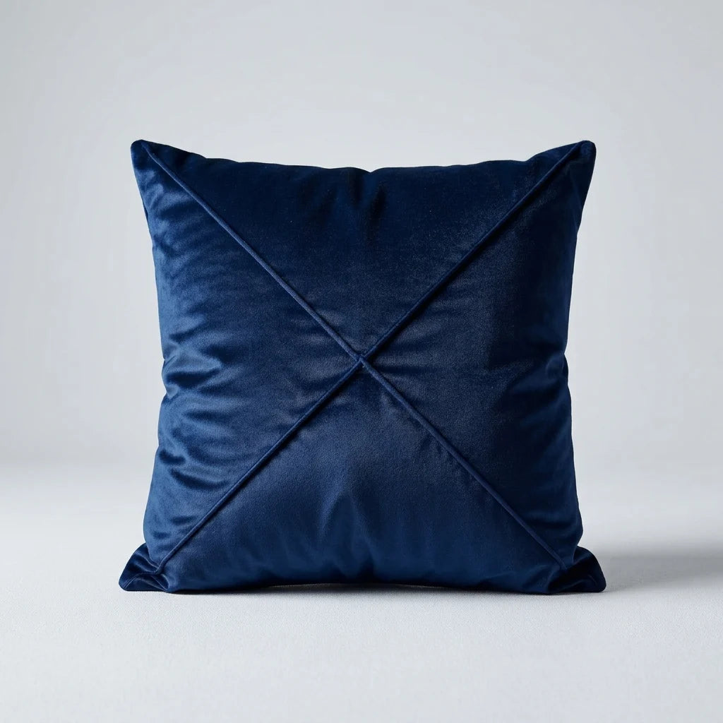 A square navy blue velvet throw pillow with a central crisscross design, photographed against a neutral light gray background.