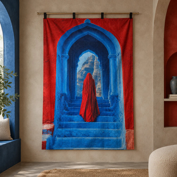 a red and blue wall tapestry is hanging on wall 