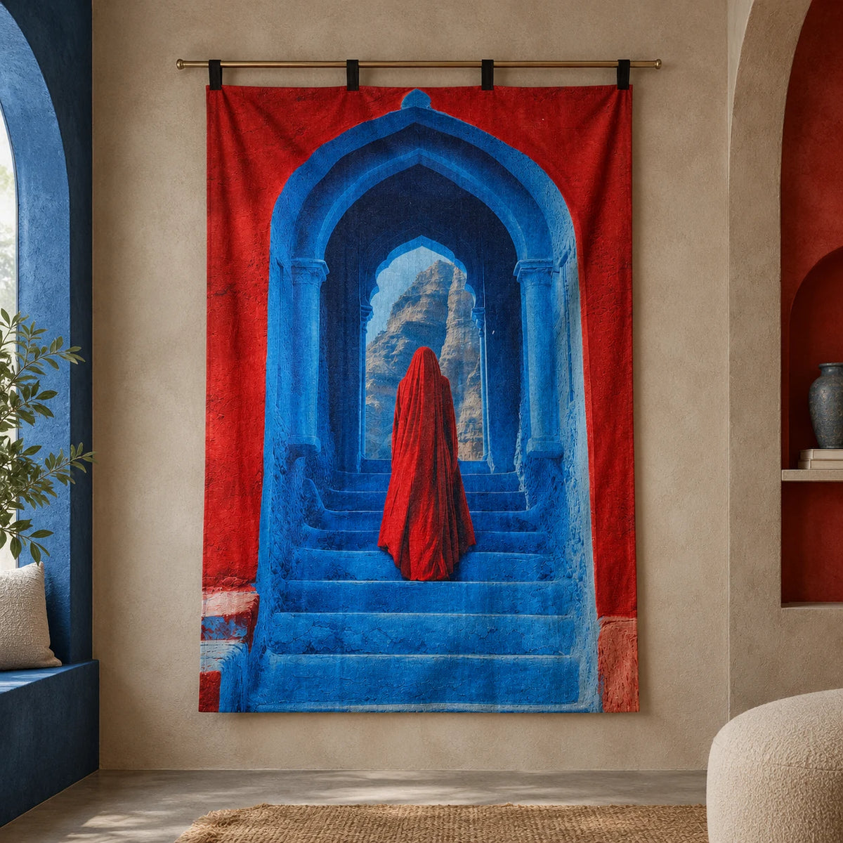 a red and blue wall tapestry is hanging on wall 