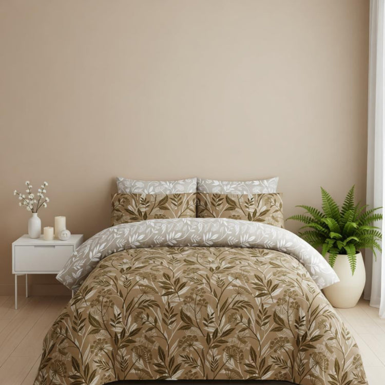 Beige and brown botanical bedsheet with matching pillowcases.