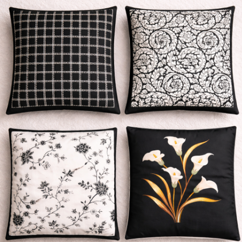 Four black and cream cushion covers with windowpane checks, scrollwork and botanical prints.