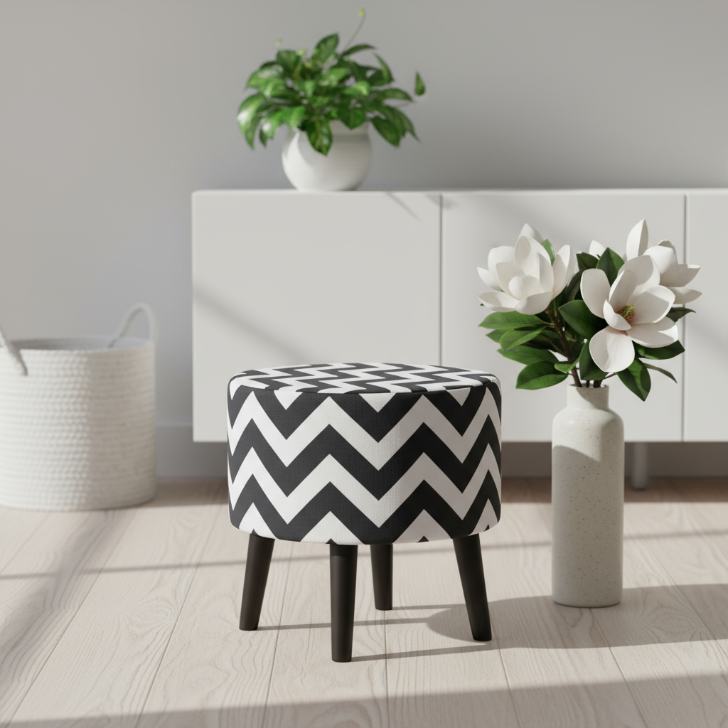 Round upholstered ottoman with a black and white chevron pattern and tapered dark legs.