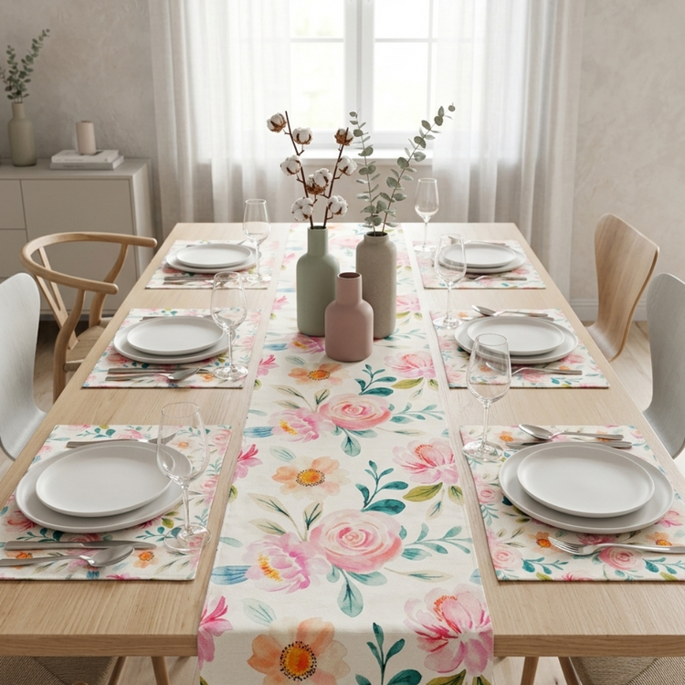 Light floral table runner with pink and green motifs and matching placemats.