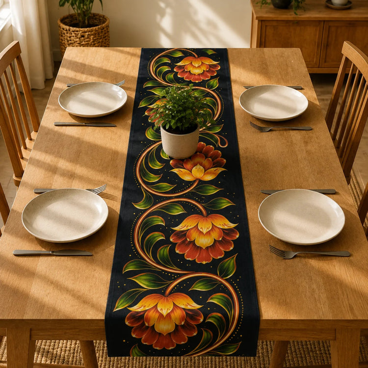 Black table runner with large orange and gold flowers and green vines.