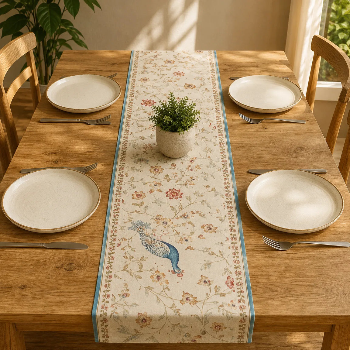 Cream table runner with delicate floral vines and a blue bird illustration.