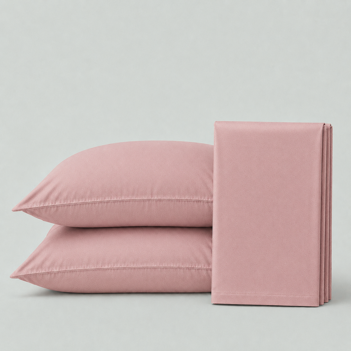 Folded dusty rose bedsheet beside two matching pillowcases.