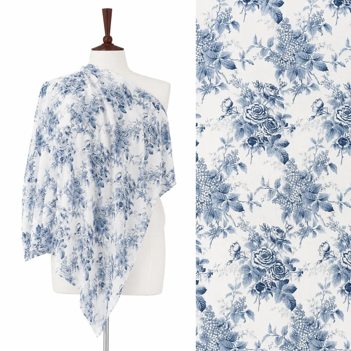 White stole with blue floral branches, shown on a mannequin with a fabric close-up.