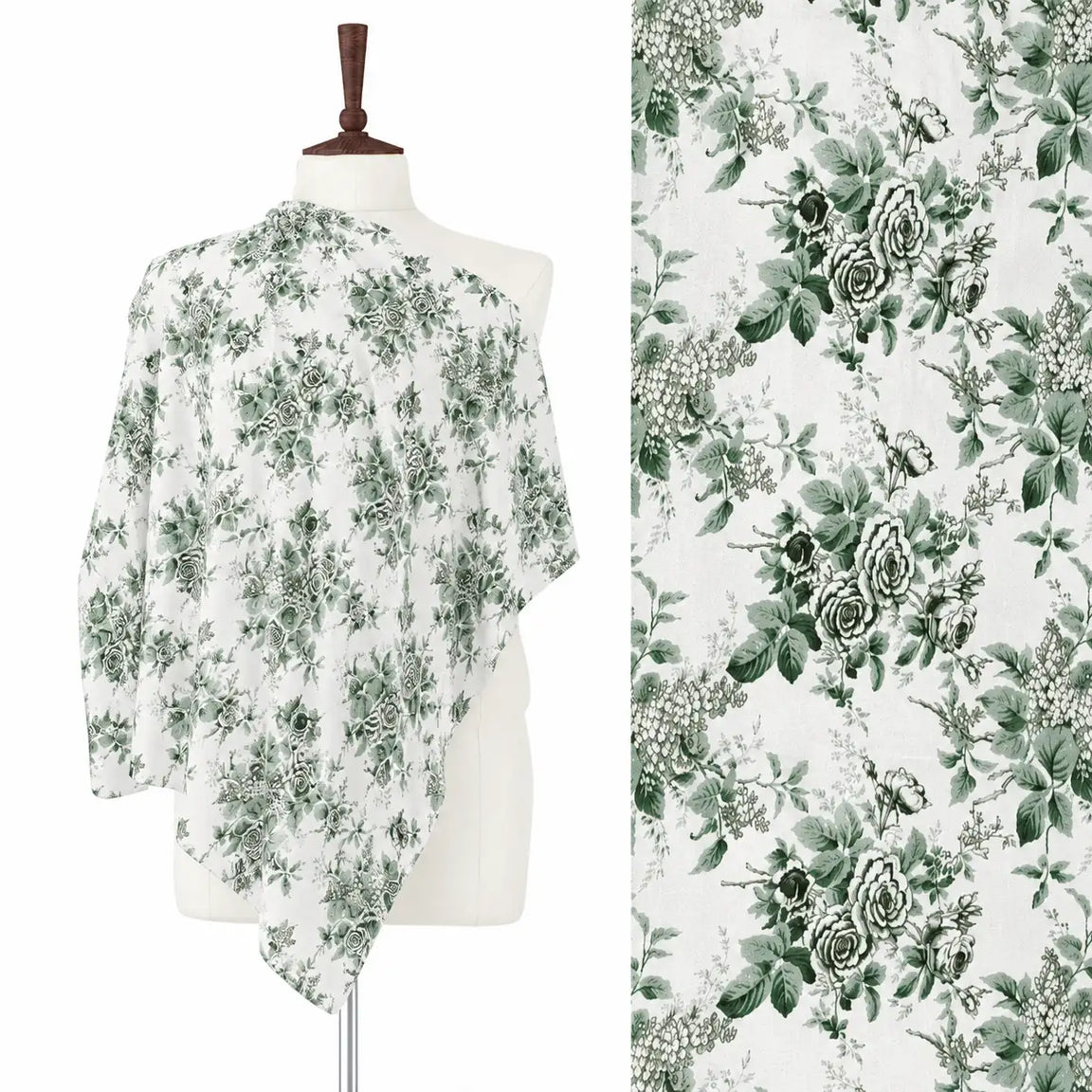 White stole with dark green floral branches, shown on a mannequin with a close-up.