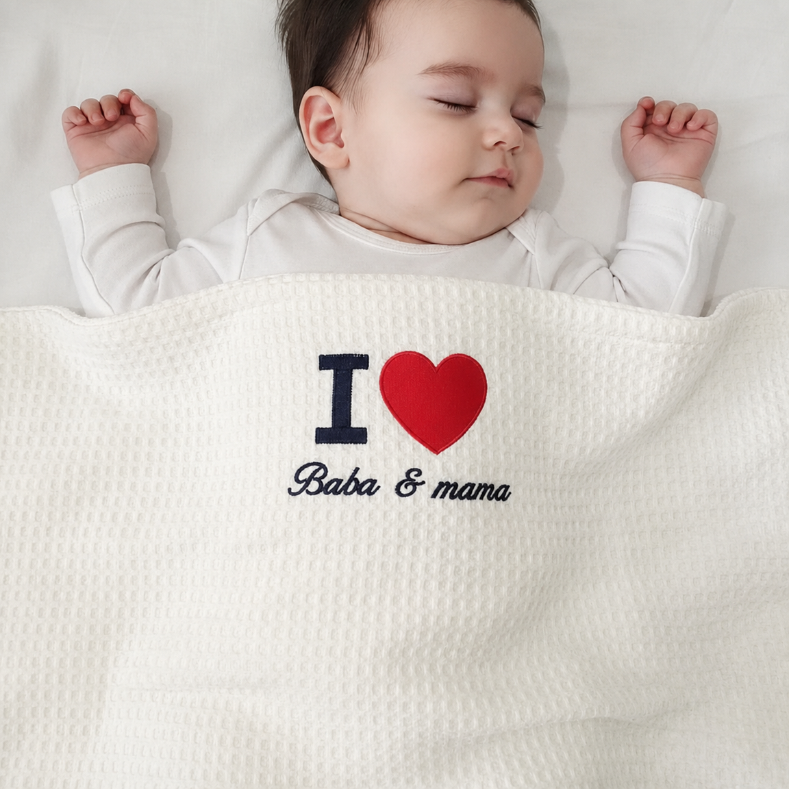 Infant under a cream waffle-textured blanket with a red heart and Baba & mama lettering