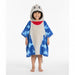 Child wearing a blue and white patterned hooded animal towel poncho.